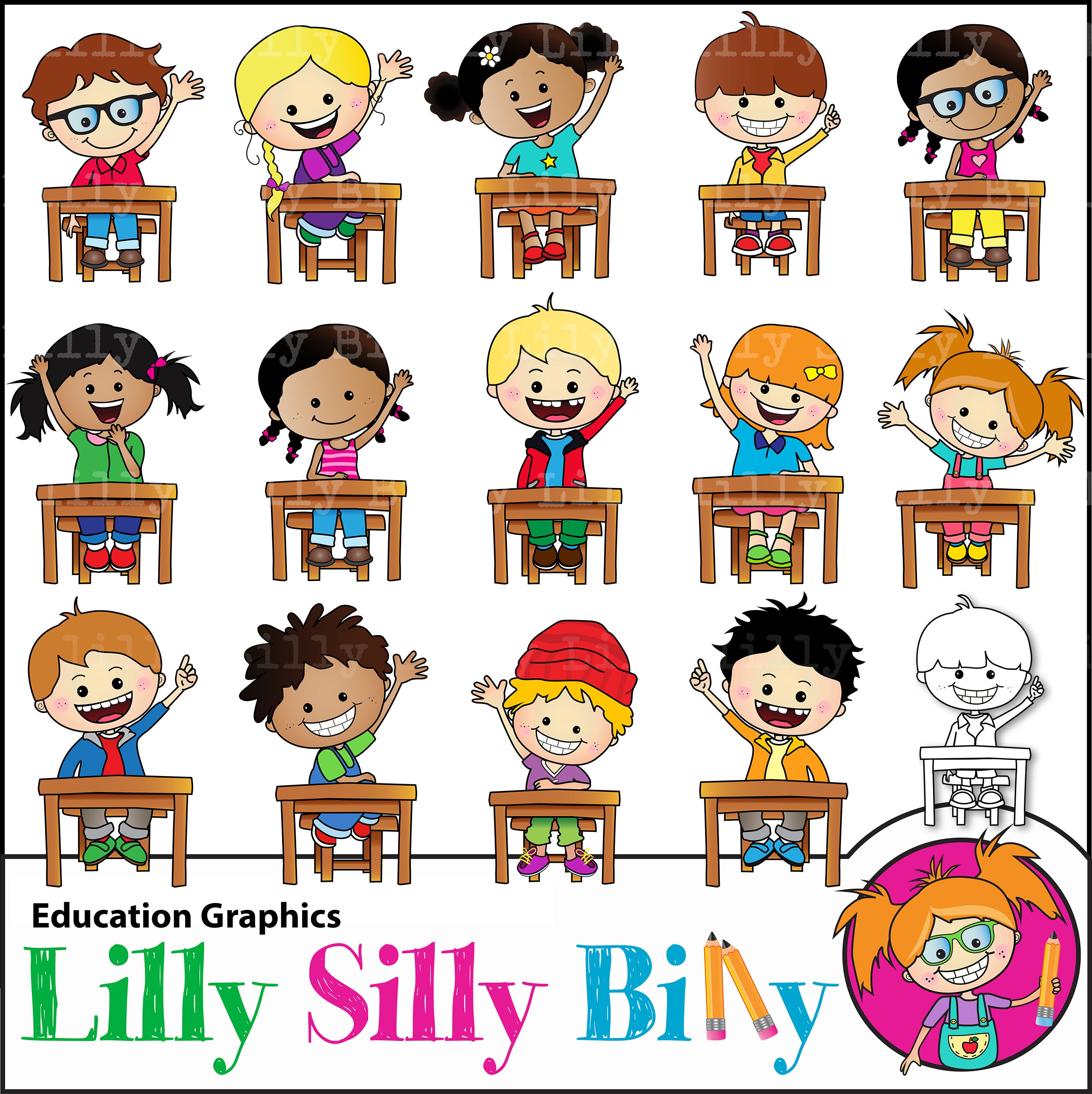 Hands Up! Education Clipart Graphics. Curious, Happy Children Sitting at School  Desks. Teacher Aid Graphics for Commercial Use. - Etsy Israel, image size:2996x3000
