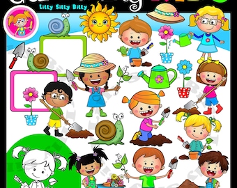 Gardening Kids clipart | Super sweet kids in the garden | Planting and digging l Commercial use and educational use graphics.