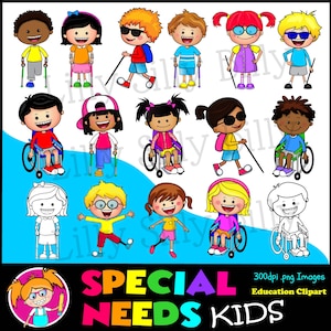 Spezielle Bedürfnisse Kinder. Clipart, schwarz und weiß & FARBE von Kindern mit Behinderungen und besonderen Bedürfnissen. Kleine kommerzielle und pädagogische Nutzung.