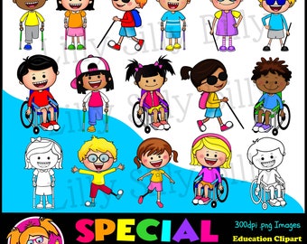 Special needs kids. Clipart, Black and White & COLOR of kids with disabilities and special needs. Small commercial and educational use.