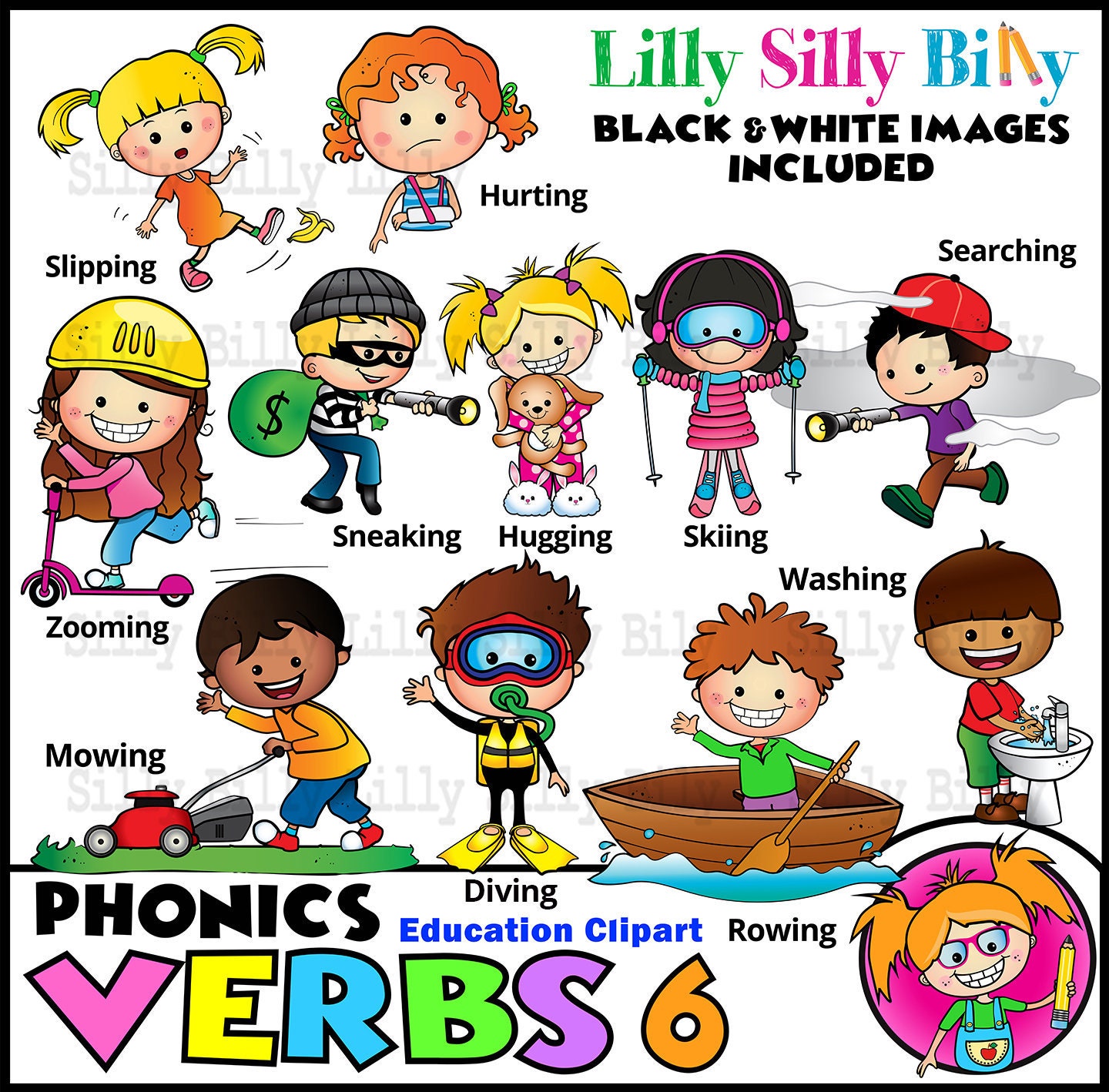 Phonics VERBS 6 - B/W & Color clipart {Lilly Silly Billy}