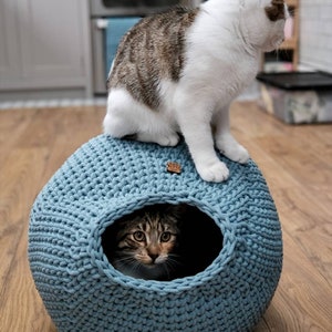 CAT CAVE, cesta para gatos de cordón de algodón, acurrucado para gatos de ganchillo, cama para gatos hecha a mano imagen 3