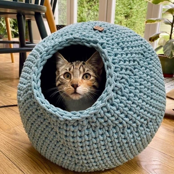 CAT CAVE, cotton cord cat basket, crochet cat snuggle, hand made cat bed