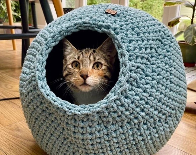 CAT CAVE, cotton cord cat basket, crochet cat snuggle, hand made cat bed