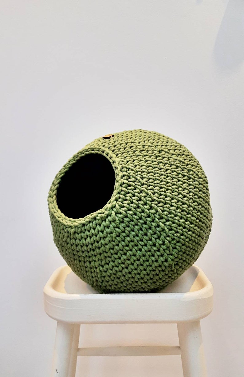 CAT CAVE, cesta para gatos de cordón de algodón, acurrucado para gatos de ganchillo, cama para gatos hecha a mano avocado