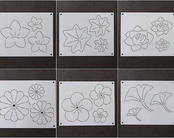 Sashiko Stencils | Embroidery Patterns or Quilting Stencils | Sashiko Templates - Collection J (7-12) Plants & Flowers