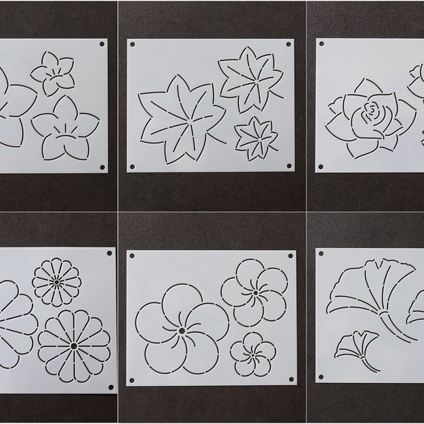 Sashiko Stencils | Embroidery Patterns or Quilting Stencils | Sashiko Templates - Collection J (7-12) Plants & Flowers