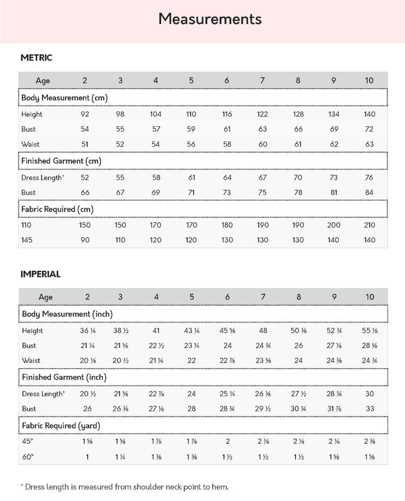 Puede incluir: Un gr&aacute;fico con medidas para tallas de ropa en unidades m&eacute;tricas e imperiales. El gr&aacute;fico incluye medidas para la edad, la altura, el busto, la cintura, la longitud del vestido y la tela requerida. El gr&aacute;fico est&aacute; dividido en dos secciones: M&eacute;trica e Imperial. La secci&oacute;n m&eacute;trica utiliza cent&iacute;metros (cm) y la secci&oacute;n imperial utiliza pulgadas (in).