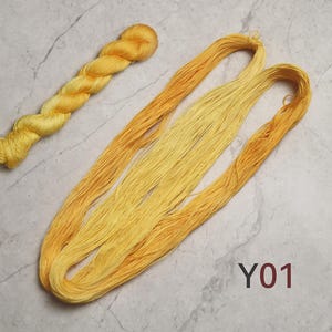 May include: A twisted skein of bright yellow yarn and a long, loose hank of yellow embroidery thread featuring a gradient of shades from light to dark. The text Y01 is printed in dark red in the lower right corner of the image.