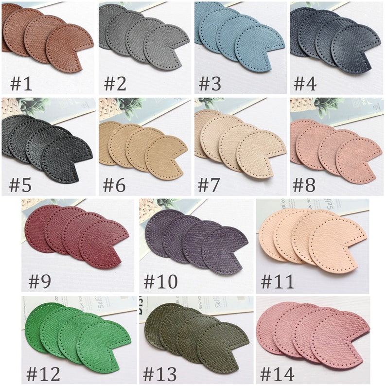 Puede incluir: Surtido de 14 c&iacute;rculos de cuero en varios colores, incluyendo marr&oacute;n, gris, azul, beige, rosa, rojo, verde y morado. Cada c&iacute;rculo tiene un borde cosido y una secci&oacute;n recortada.