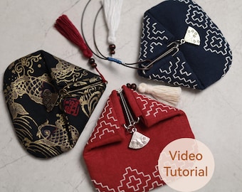 Japanese Style Fan Charm Coin Purse Sewing & Embroidery Pattern: PDF Pattern, Video Tutorial
