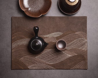 Kit de bricolaje para mantel individual Sashiko teñido con plantas, tapete de mesa, kit de inicio de arte de pared - Océano profundo