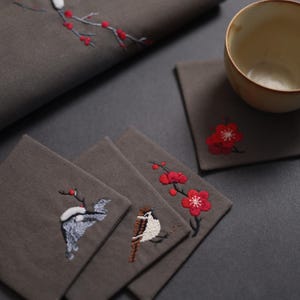 Embroidery DIY Kit with Video Tutorial Placemat and Coasters | Craft Gift | Gift for Mums | Gift for her | Christmas Gift - Plum Blossom