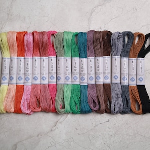 以下が含まれることがあります： 黄色、オレンジ、ピンク、赤、緑、青、茶色、灰色、黒など、さまざまな色の刺繍糸14個の糸巻きセット。各糸巻きには日本語のラベルが付いています。