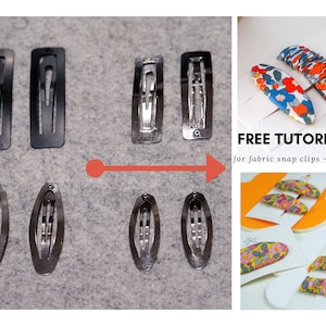 Könnte beinhalten: Zwei Arten von Metall-Haarklammern, eine rechteckige und eine ovale, mit Stoff bezogenen Druckknopf-Klammern in verschiedenen Blumenmustern. Der Text "FREE TUTORIALS for fabric snap clips - 2 styles" ist sichtbar.