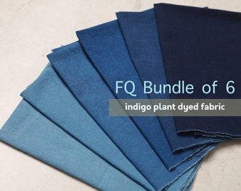Paquete FQ de 6 telas de algodón teñidas con plantas de color azul índigo / Sashiko, patchwork o tela acolchada