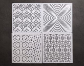 Sashiko-schabloner: Mellanstora geometriska broderi-quiltningsmallar Mellanstorlek