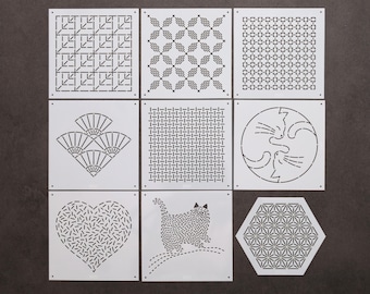 Sashiko-schabloner: Återanvändbara broderi- och quiltmallar (12 x 12 cm, S081-085 Liten storlek)
