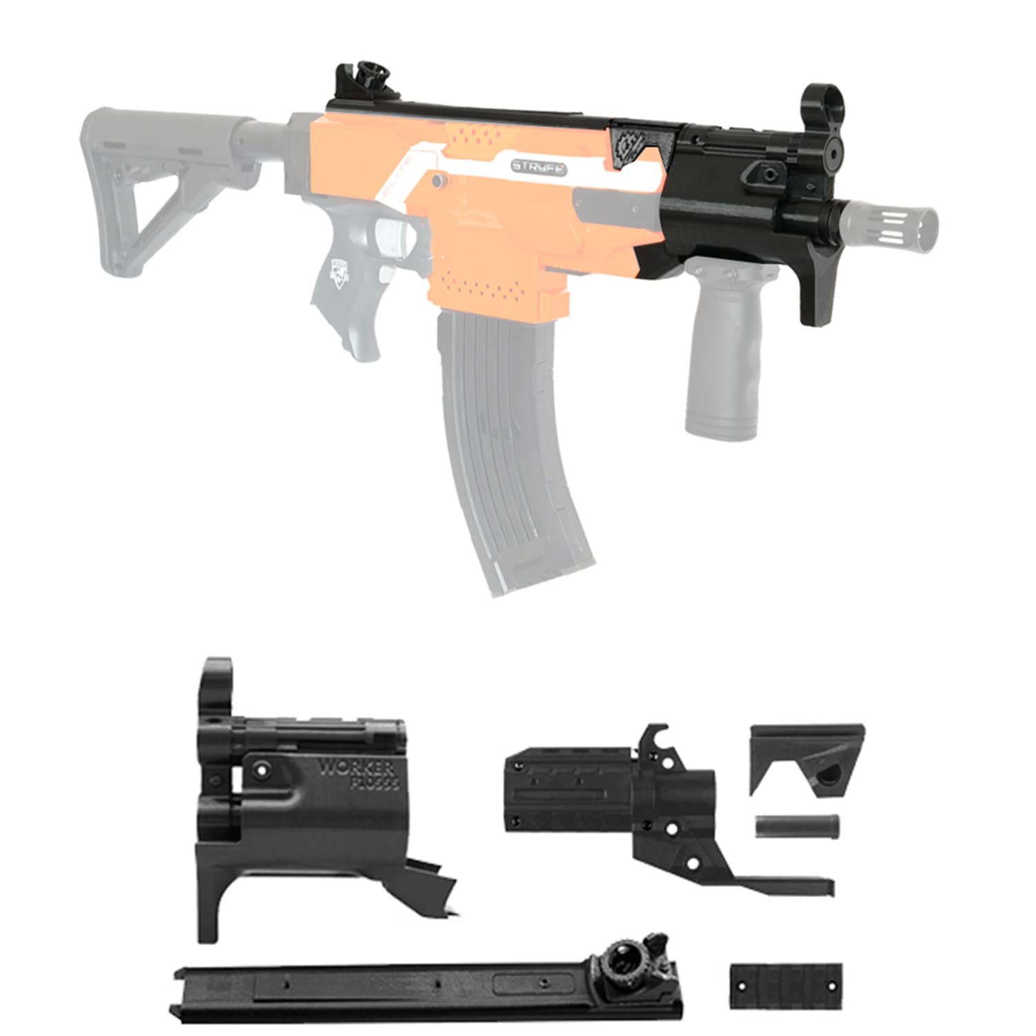 Worker MOD F10555 MP5K PWD Black 3D Print Barrel Jacket Kit for Nerf STRYFE Toy 