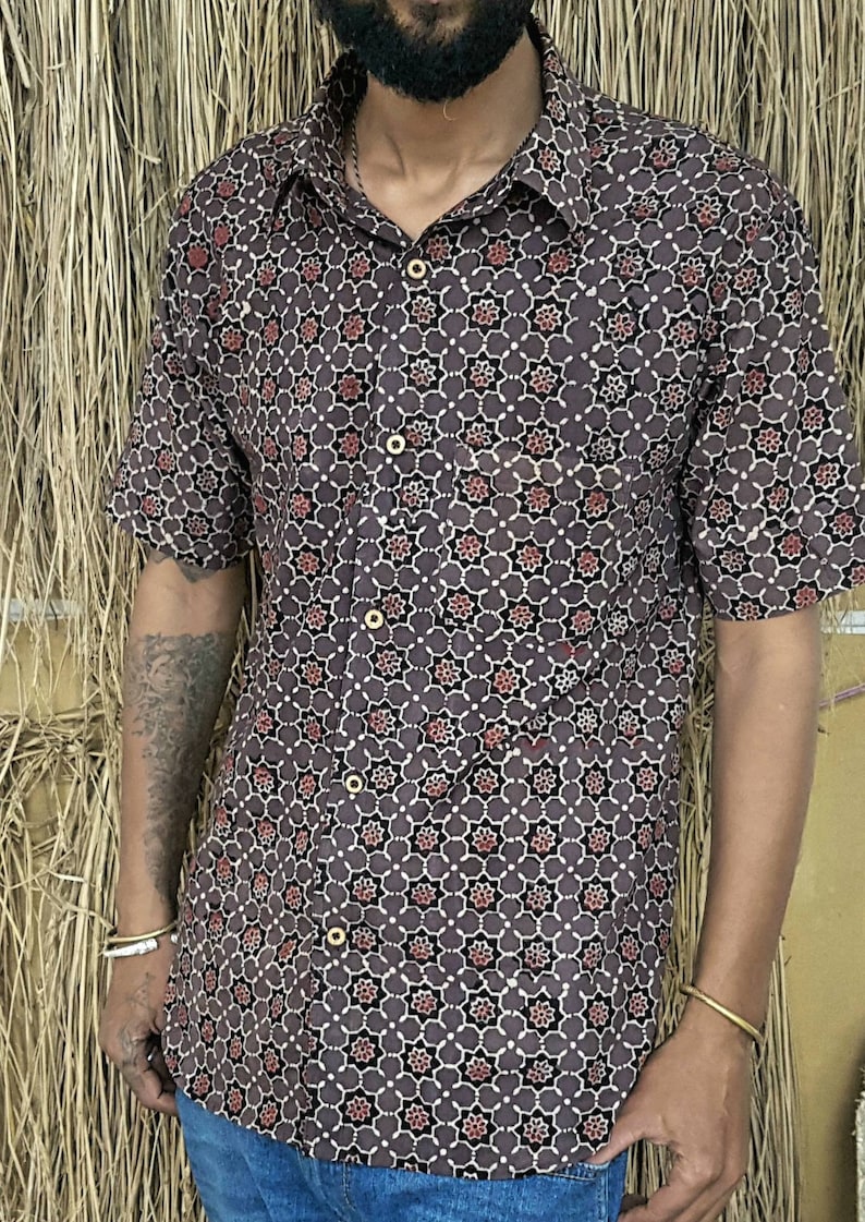 Natural dyed mens cotton half sleeve shirt hand block print mens cotton shirt