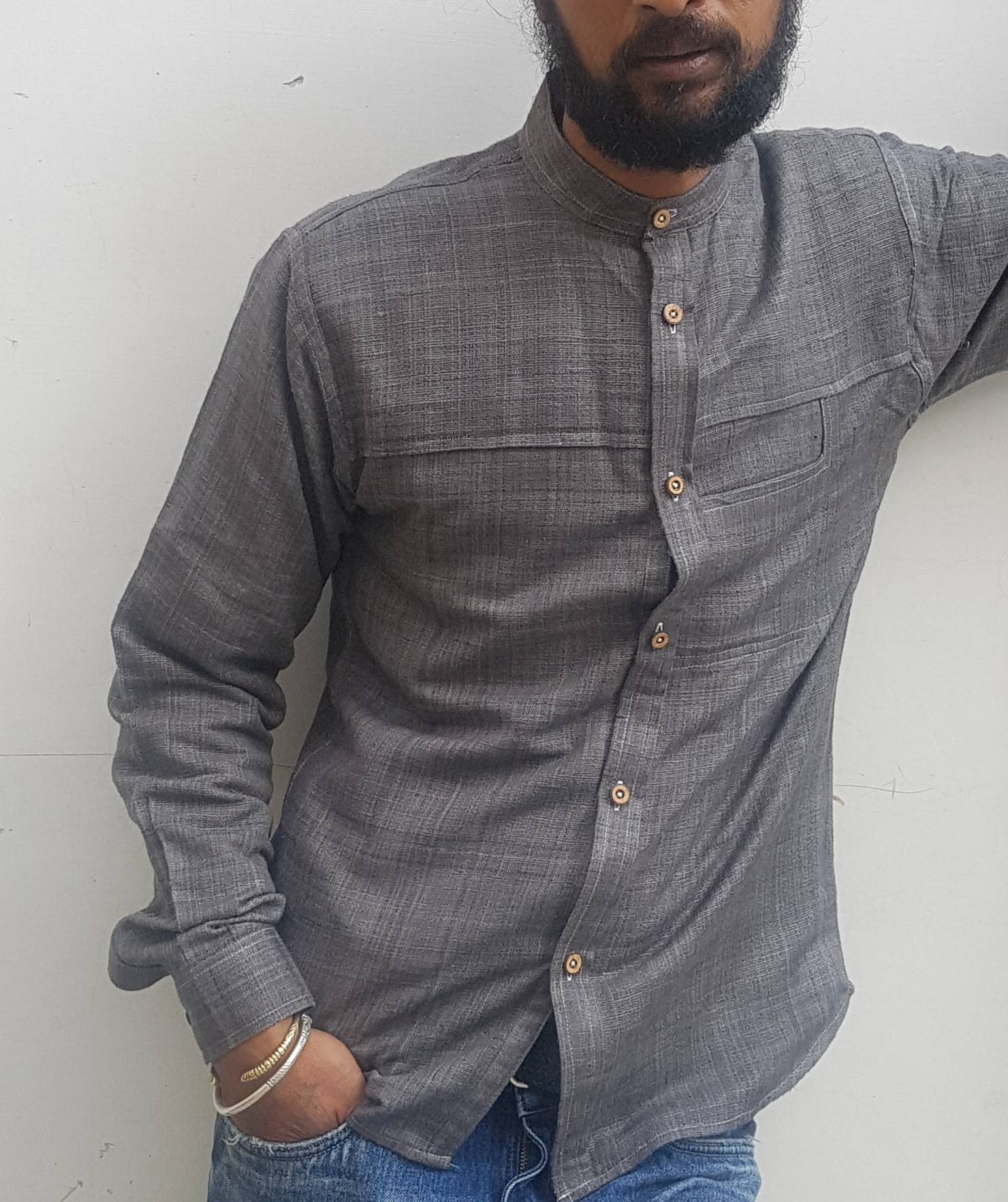 Mens Raw silk Mandarin collar full sleeve Shirt Etsy