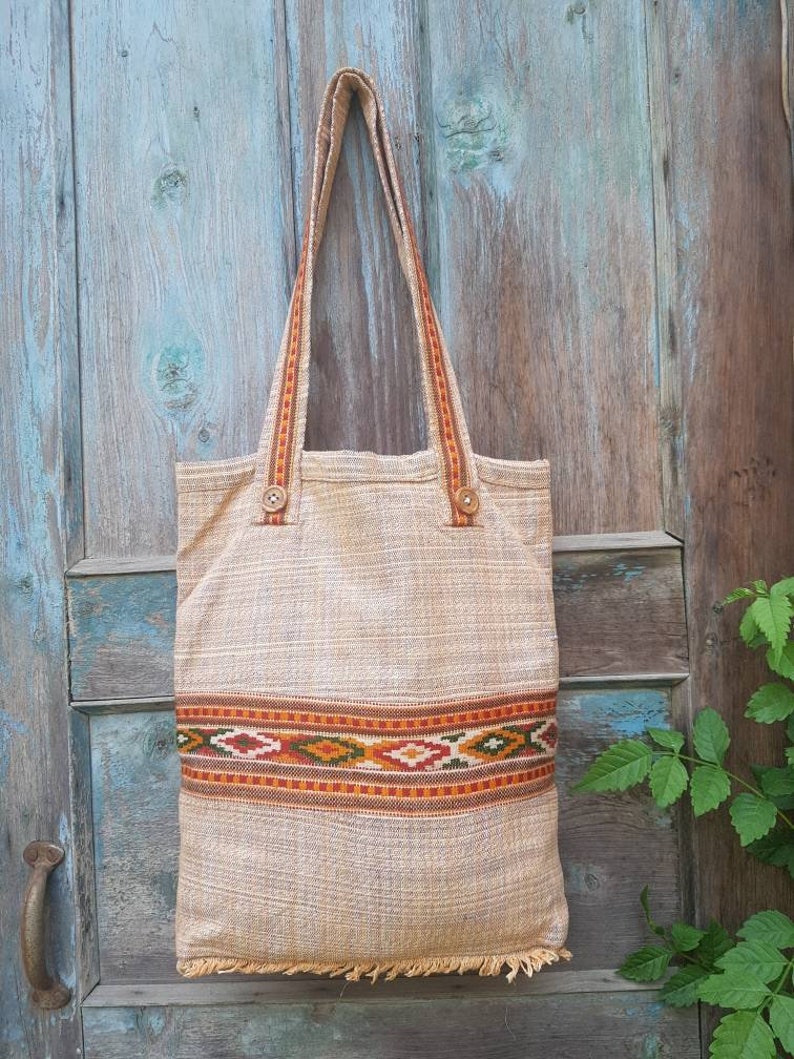 Khadi cotton shoulder bag with tribal details Handwoven bag