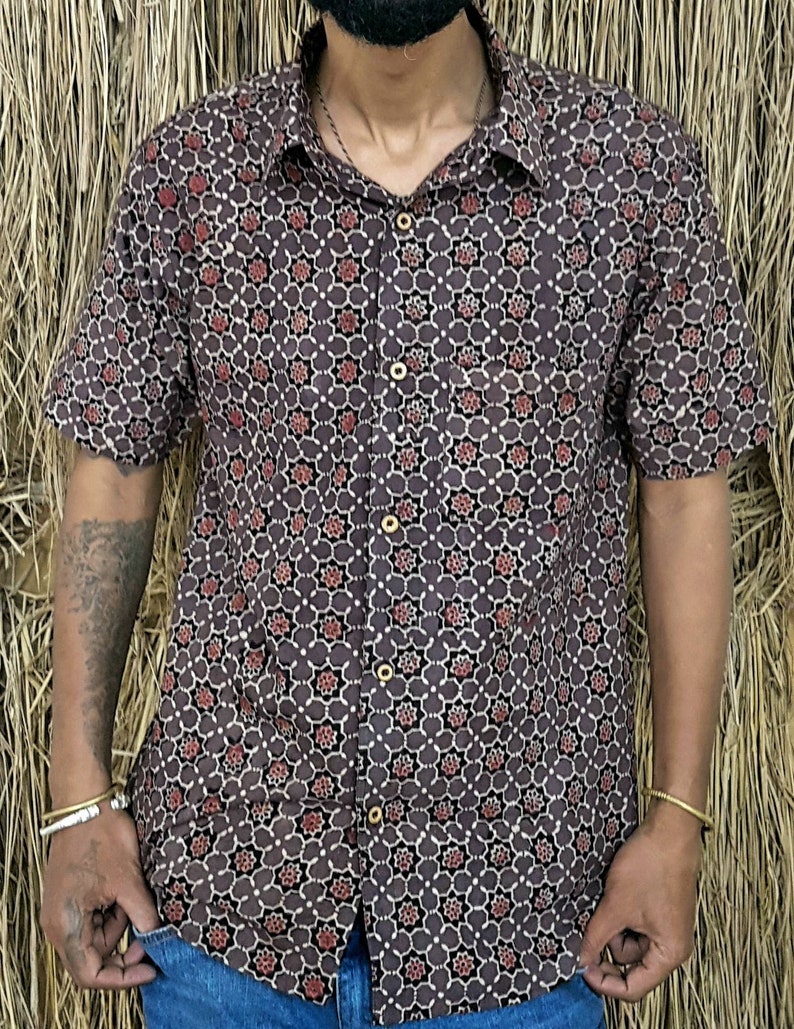 Natural dyed mens cotton half sleeve shirt hand block print mens cotton shirt