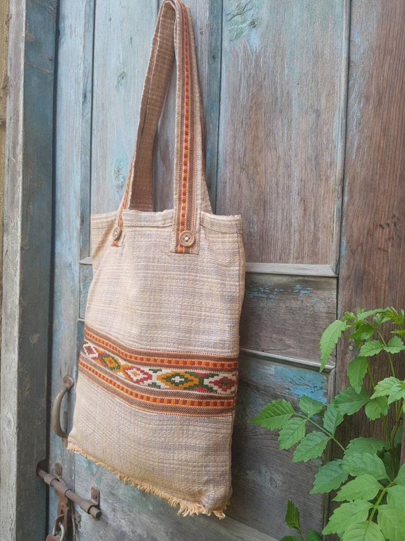 Khadi cotton shoulder bag with tribal details Handwoven bag