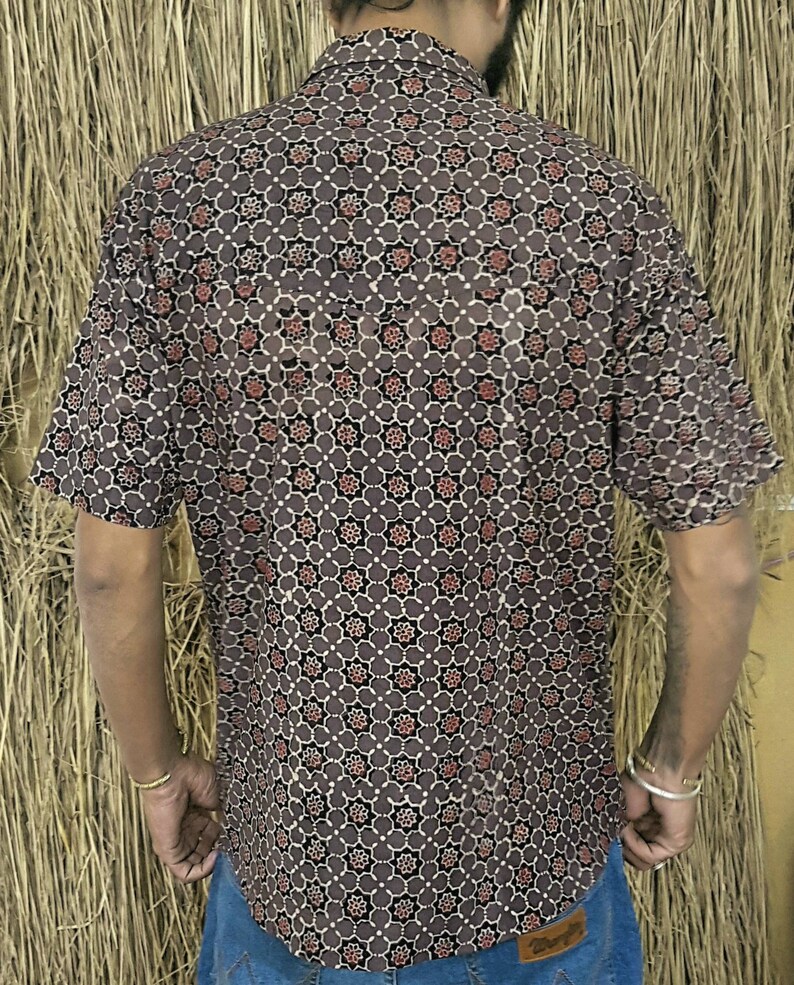 Natural dyed mens cotton half sleeve shirt hand block print mens cotton shirt