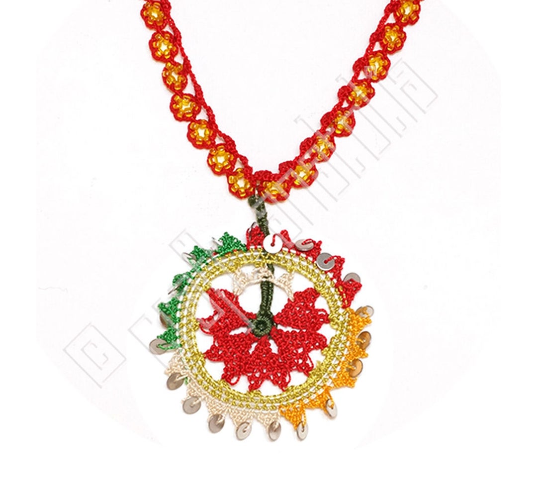 Oya Needle Lace Round Pendant Necklace With Red / Yellow Flower Etsy