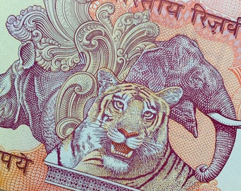 1996 Indie 10 rupii. Billetes the Great Indian Leader Mahatma Gandhi. Rewers: Tiger Elephant Rhino Indian Currency, Banknoty, Notatki.