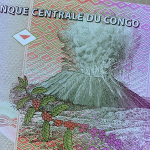 Volcano Eruption.  1997 Congo One Centime. Congo Currency. Volcano Notes. Colorful. Okap, Pende Dancers Art Illustration. African Banknotes.