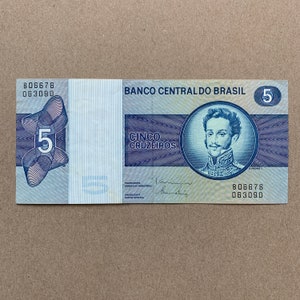 1970er Wunderschöner Brasilianischer 5er-Cruzeiro-Geldschein. Brasilien Währung. Peter I Notiz. Südamerikanische Erinnerungsstücke, Vintage. Welt Papiergeld