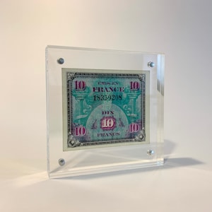 Framed 1944 French 10 Franc, Allied Military Currency (AMC) World War II Note. WWII Memorabilia France. 10+10mm Thickness Acrylic Frame 4X4