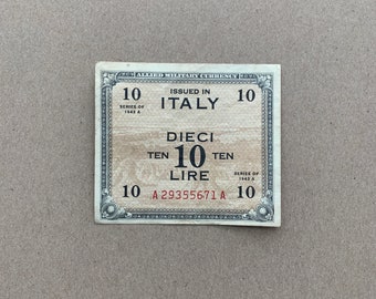 Allied Military Currency AMC, 1944 Italian 10 Lire,  issued by the Allied powers during World War II. Bills, Italia, Banknotes. WW2. Italy.