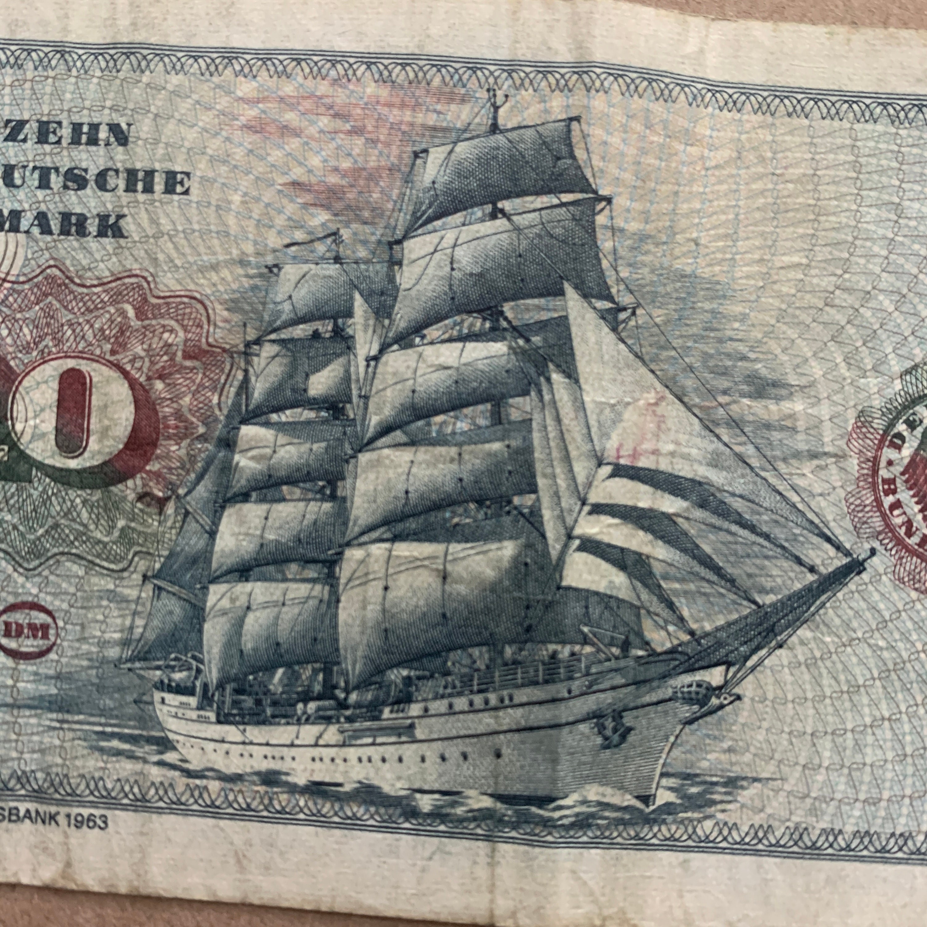 Used 1980 10 German Mark Banknote. Albrecht Durer. Sail