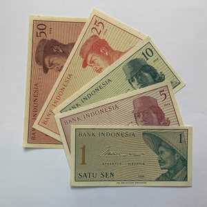 Set of 5 PCS Indonesian 1,5,10,25,50 Sen, Banknotes, 1964, Lightly Used Currency. Indonesia Notes, Bills, Bank Notes.  Small size.