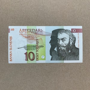 1992 Slowenische 10 Tolarjev Banknote. Slowenien Währung. Primus Truber war ein slowenischer evangelischer Reformator lutherischer Tradition. Papiergeld.