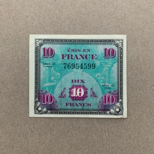1944 French 10 Francs, Allied Military Currency AMC, issued by the Allied powers during World War II. France, Banknotes. WW2. UNC Note