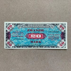 Used 1944 German 20 Mark, Allied Military Currency AMC, issued by the Allied powers during World War II D-Day, Germany, Banknotes. WW2.