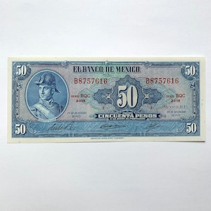 Nota de banco mexicana (50) de Cincuenta Pesos dos anos 1960-70. Moeda do México. Frente, Ignacio Allende, atrás Monumento da Independência. Mexicano, recordações.