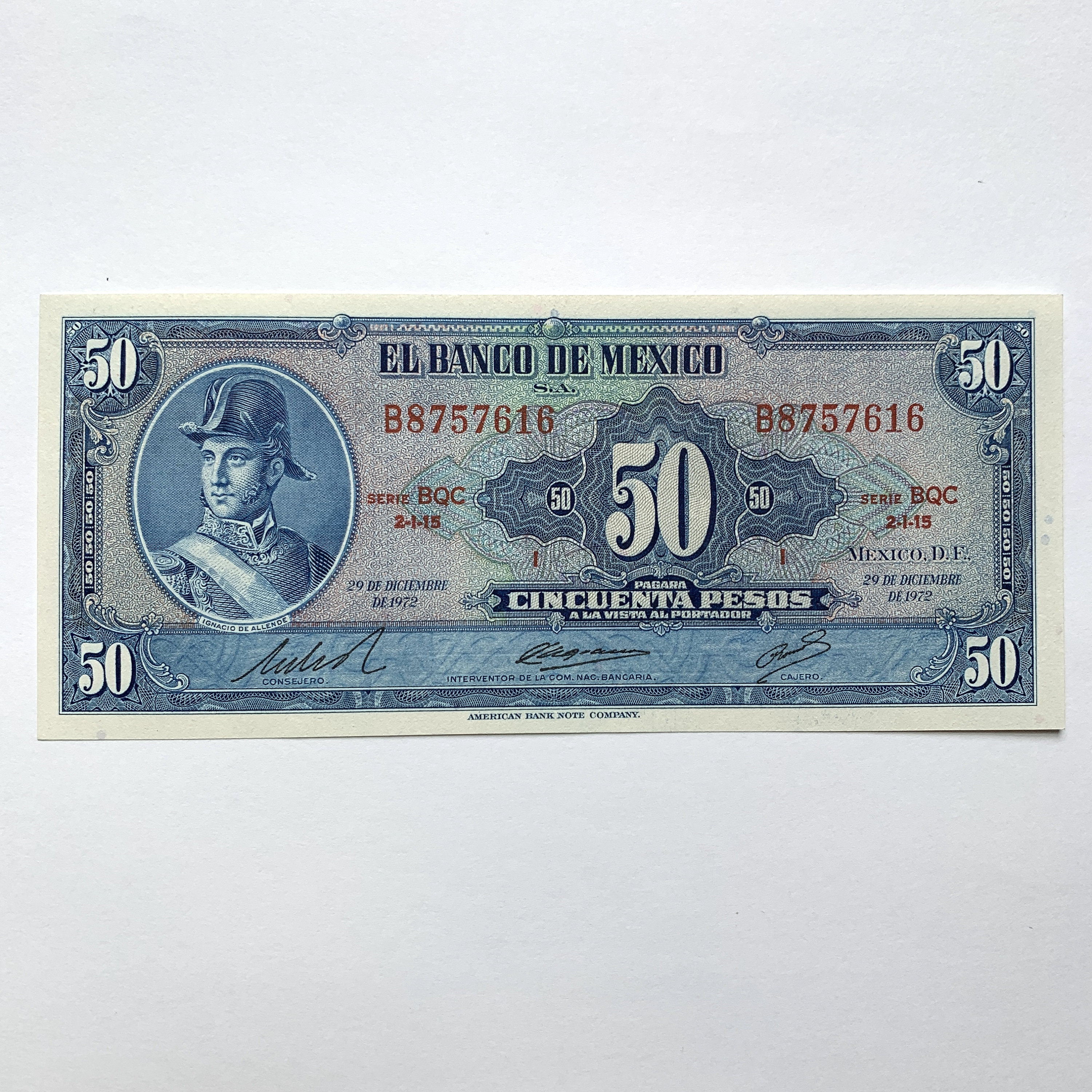 Mexicaans (50) Cincuenta Pesos-bankbiljet uit de jaren 60-70. Mexicaanse munt. Voorkant, Ignacio Allende, achterkant Onafhankelijkheidsmonument. Mexicaans, Memorabilia.