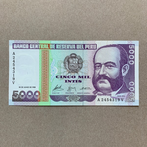 1988 Peruvian 5000 Intis Banknote. Peru Currency. Admiral Grau Art Portrait. Memorabilia Note. Decorative Guilloche on Sides.