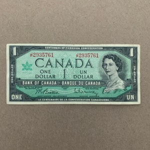 Gebrauchte kanadische Ein Dollar Bill Banknote von 1961-72. Queen Elizabeth Währung, Scheine, Banknoten, Kanada Banknote. Papiergeld Erinnerungsstücke