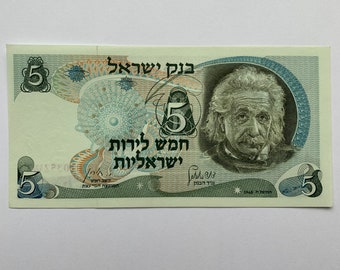 Albert Einstein Banknote. 1968 Israel 5 Lirot. Israeli Currency. World Banknote. Mint, UNC. Atomic reactor at Nahal Sorek. Great Memorabilia