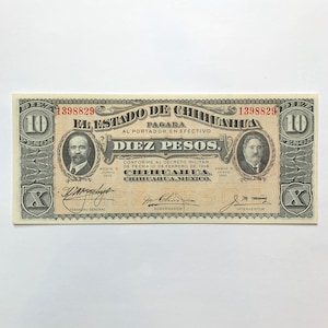 Guerre de la Révolution mexicaine de 1914 (10) Gros pesos Diez, Francisco Madero, Chihuahua. Billetes du Mexique, billets de banque, monnaie, billets, billets mexicains.
