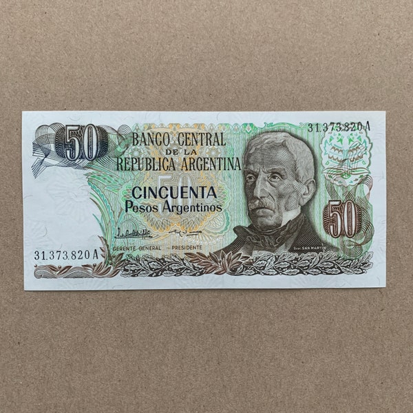 80's Argentina 50 Pesos Argentinos Banknote Argentinian Currency. José Francisco de San Martín. Illustration of the Termas de Reyes in Jujuy