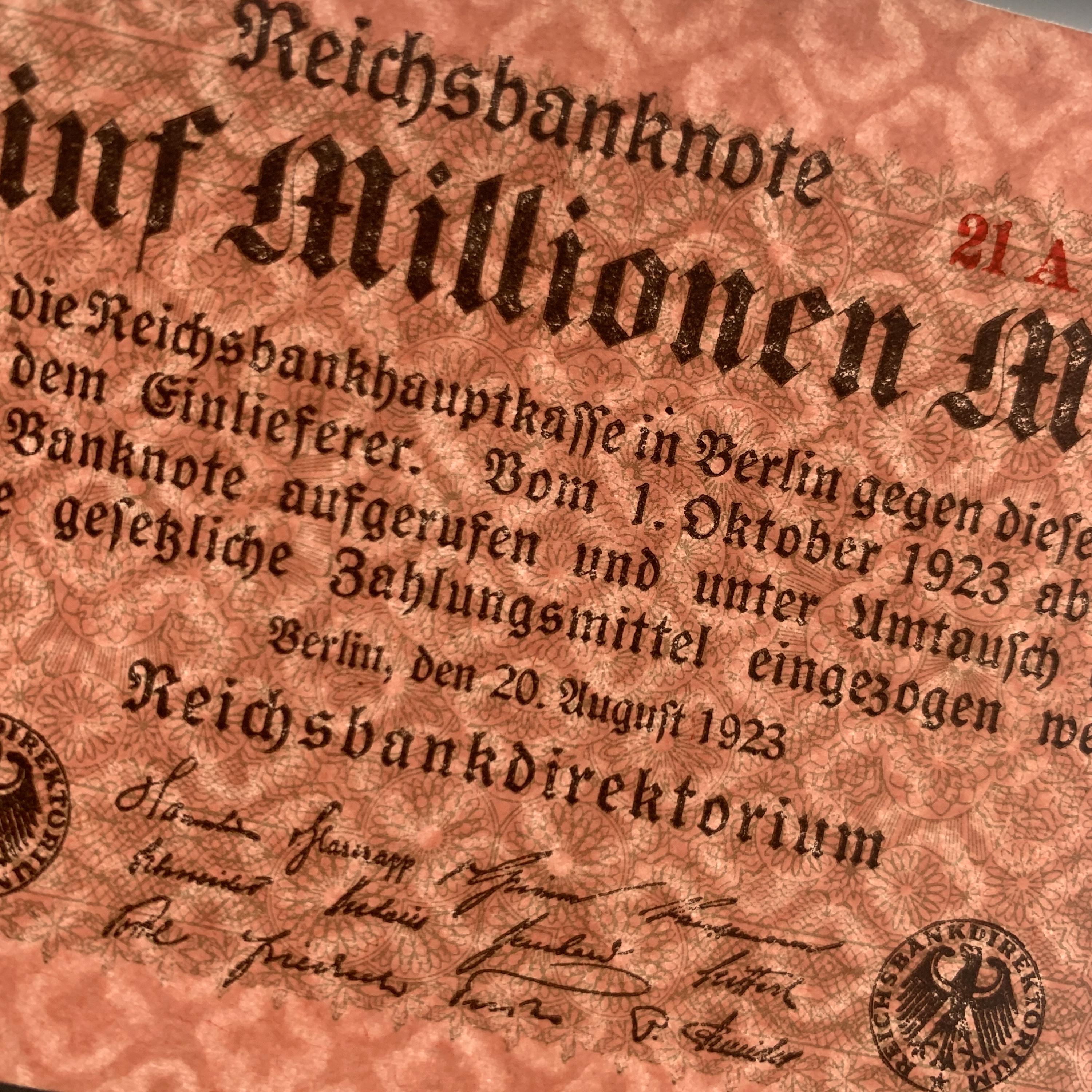 1923 German Hyperinflation 5 Million Mark Reichsbanknote Banknote. Germany Currency. Uniface Note. Was in circulation between WWI and WWII.