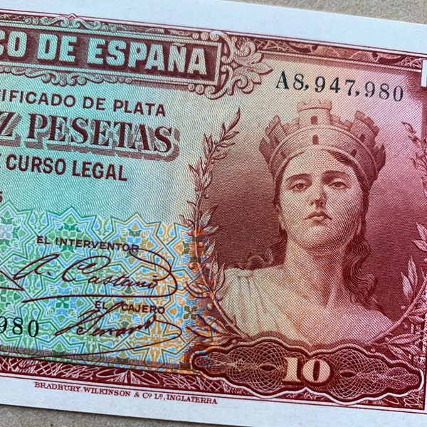 1935 Spanische 10 Pesetas Banknote. Spanien Währung. El Banco de Espana Madrid Papiergeld. Ein Porträt einer jungen Frau, die Schutzwälle trägt.