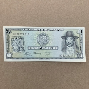 Peru 1977 50 Soles de Oro Note. Peruvian Currency. Workers at left, Tupac Amaru II at right. Mint Memorabilia. World Foreign Currency